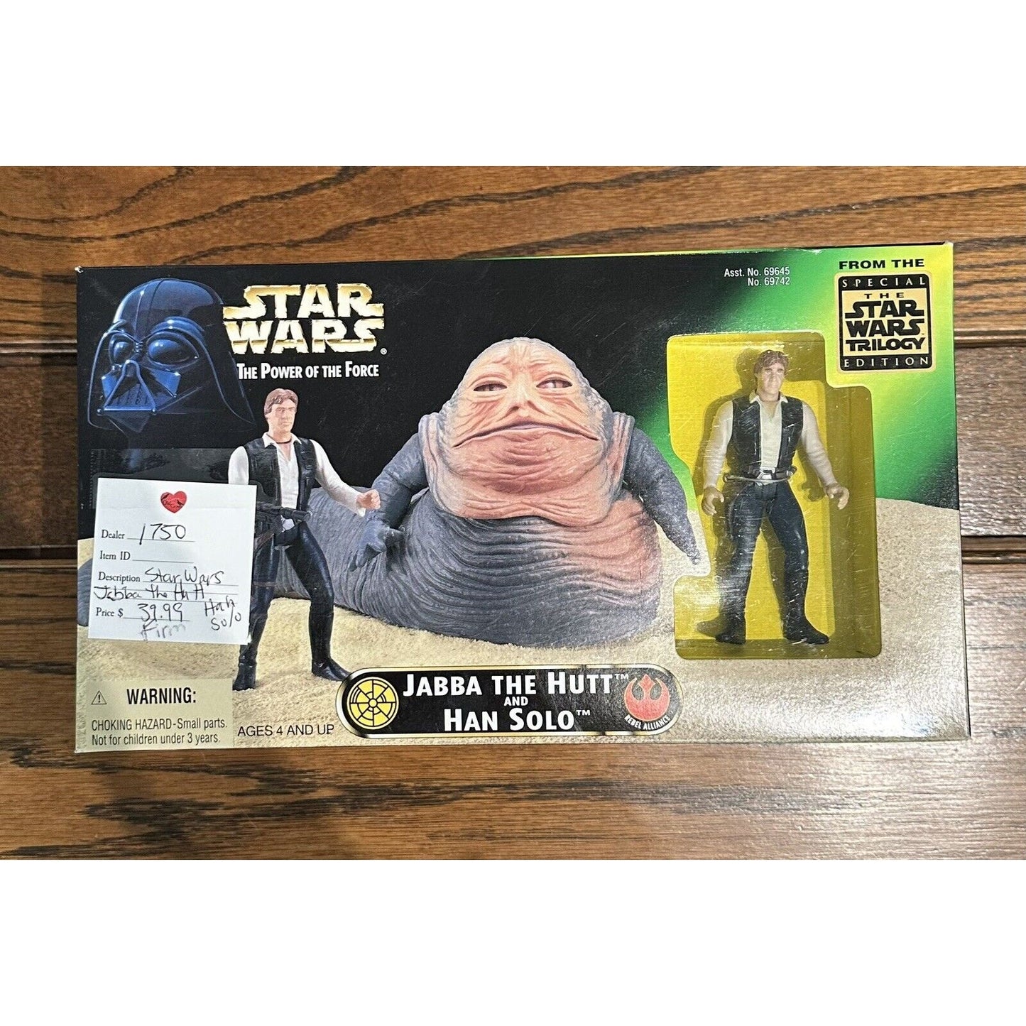 1997 Kenner Star Wars Power of the Force Jabba the Hutt and Han Solo In Box POTF This 1997 Kenner Star Wars Power of the Force action figure set includes Jabba the Hutt and Han Solo in their iconic Return of the Jedi scene. The set is boxed and features a