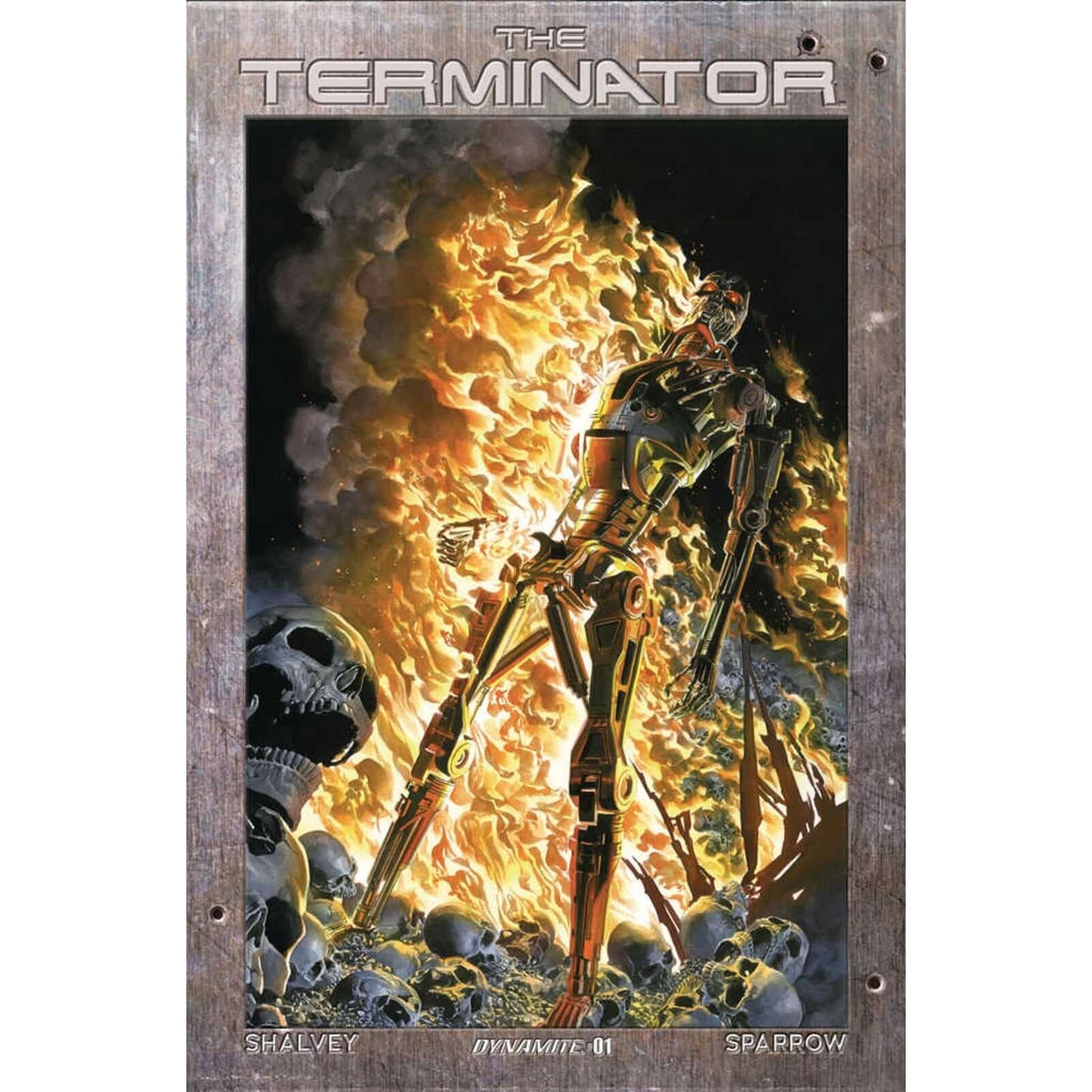 Terminator #1 Cover E Ross Burning Earth Icon - Dynamite 2024 The plans to kill Sarah Connor and her son John have failed, but the genocidal Skynet isn't out of options yet. There are still a few more avenues into the past that will allow it to destroy th