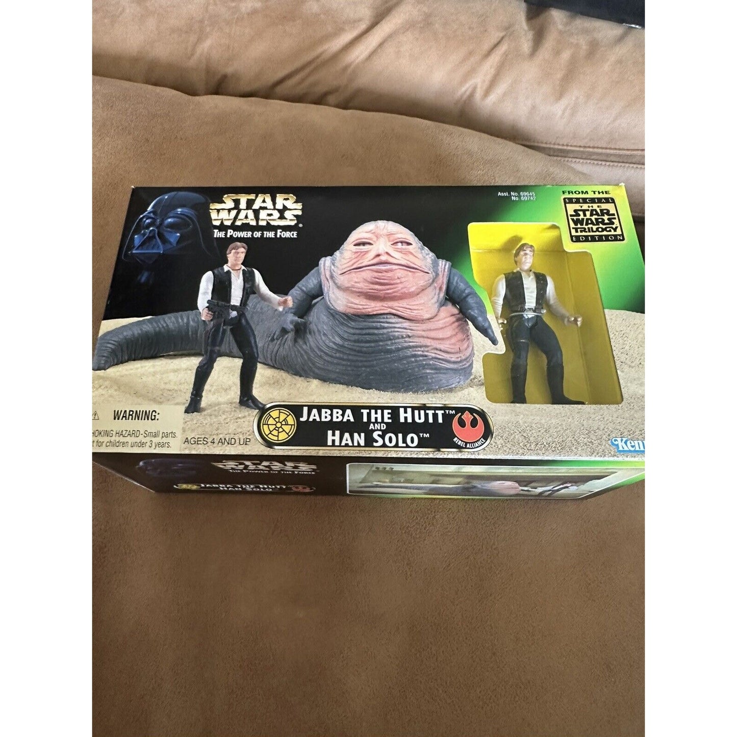 1997 Kenner Star Wars Power of the Force Jabba the Hutt and Han Solo In Box POTF This 1997 Kenner Star Wars Power of the Force action figure set includes Jabba the Hutt and Han Solo in their iconic Return of the Jedi scene. The set is boxed and features a