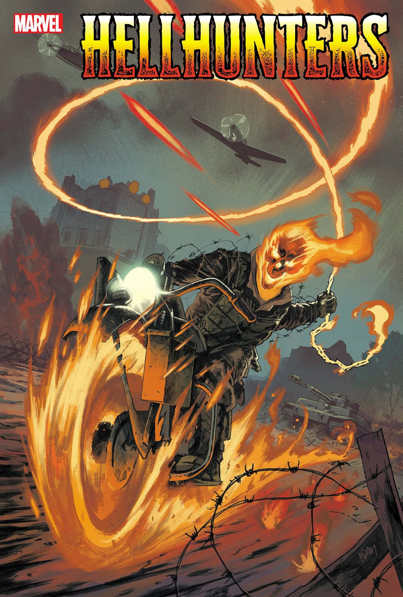 Hellhunters #1 Adam Gorham Variant GHOST RIDER '44! 1944: As U.S. Sergeant Sal Romero is parachuting into Nazi-occupied Europe, young Nazi officer Felix Bruckner becomes the host for an unspeakable evil. In the aftermath of their violent meeting, Romero i