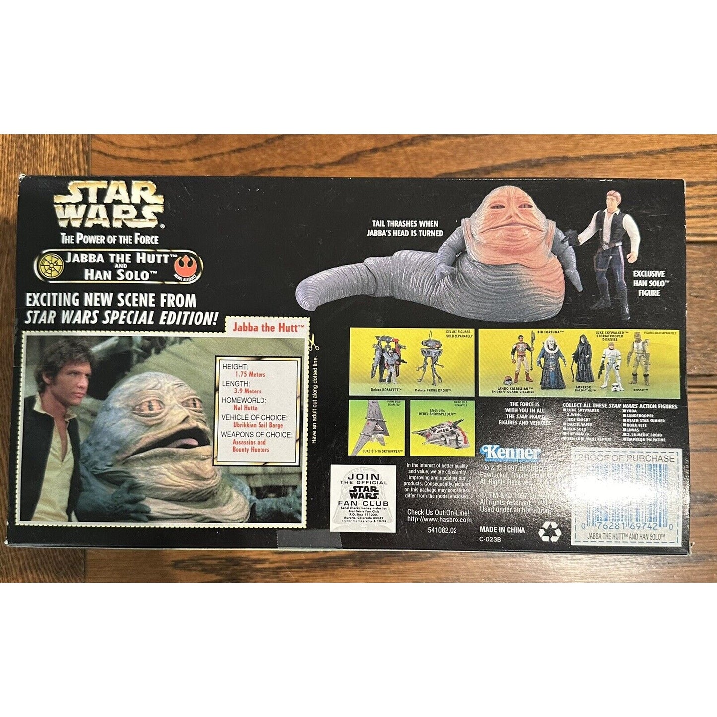 1997 Kenner Star Wars Power of the Force Jabba the Hutt and Han Solo In Box POTF This 1997 Kenner Star Wars Power of the Force action figure set includes Jabba the Hutt and Han Solo in their iconic Return of the Jedi scene. The set is boxed and features a