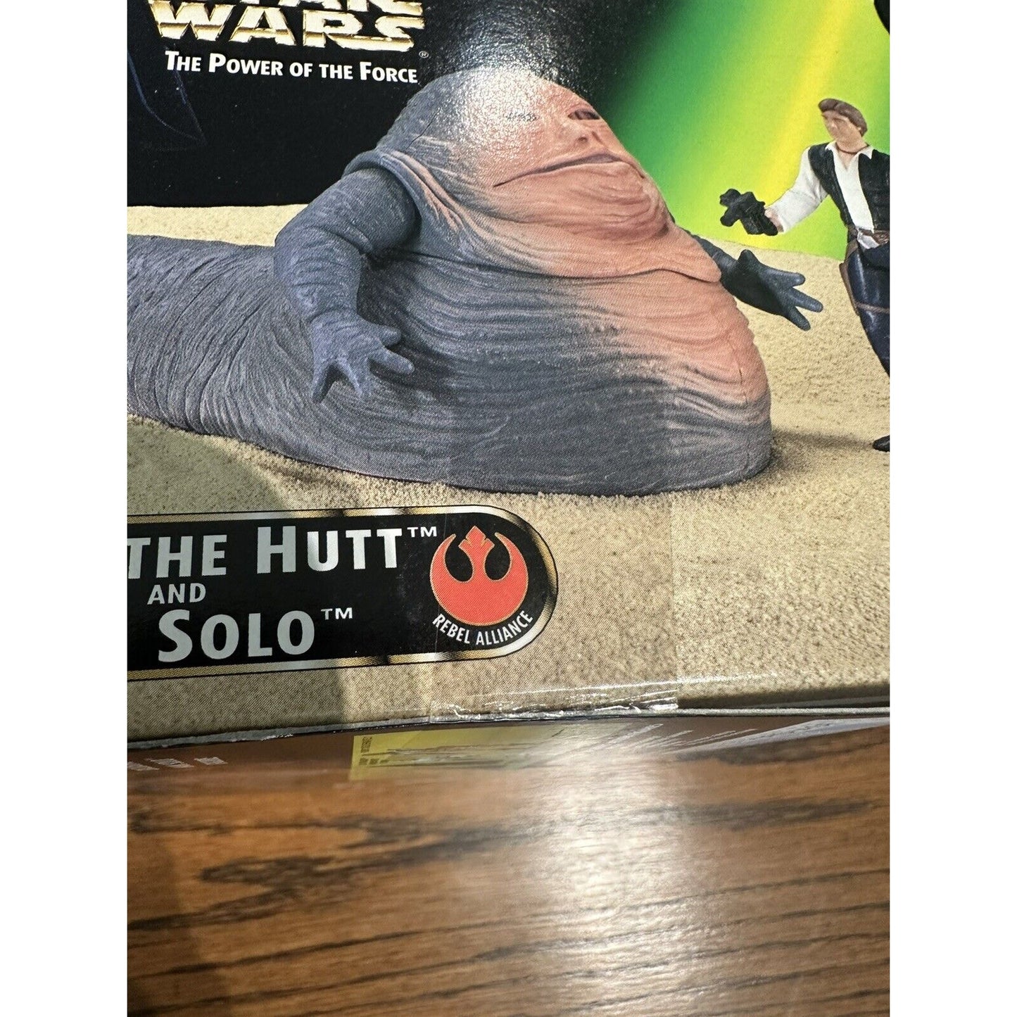 1997 Kenner Star Wars Power of the Force Jabba the Hutt and Han Solo In Box POTF This 1997 Kenner Star Wars Power of the Force action figure set includes Jabba the Hutt and Han Solo in their iconic Return of the Jedi scene. The set is boxed and features a