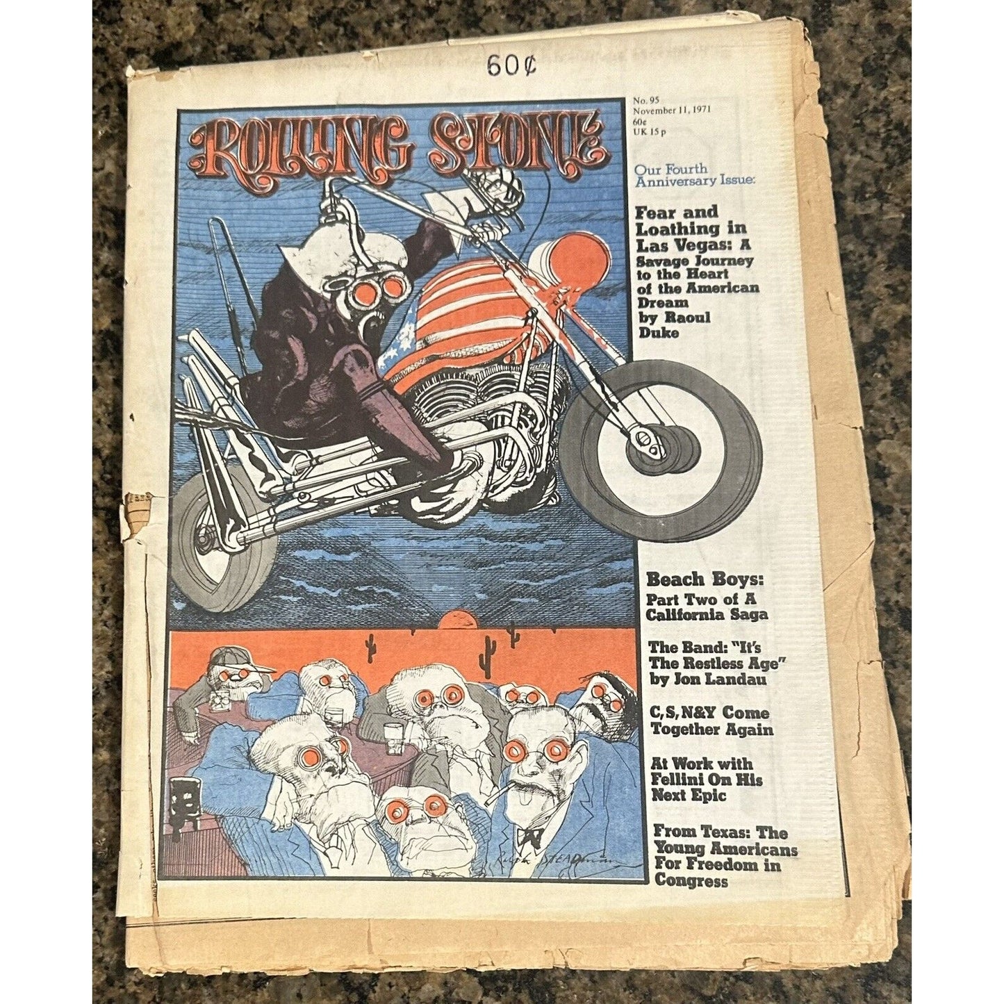 ROLLING STONE MAGAZINES 1971 FEAR AND LOATHING IN LAS VEGAS HUNTER S. THOMPSON This issue of Rolling Stone magazine from November 1971 features Hunter S. Thompson's iconic piece "Fear and Loathing in Las Vegas". The magazine is a monthly publication and i