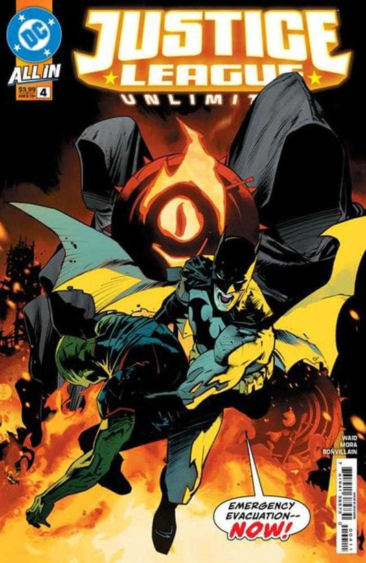 Justice League Unlimited #4 Cover A Dan Mora THE WORLD IS ABLAZE! As the Justice League reels from the horrors in?icted by the Parademon Horde, a new threat arises across space...and time. With the team racing to put out multiple villainous fires at once,