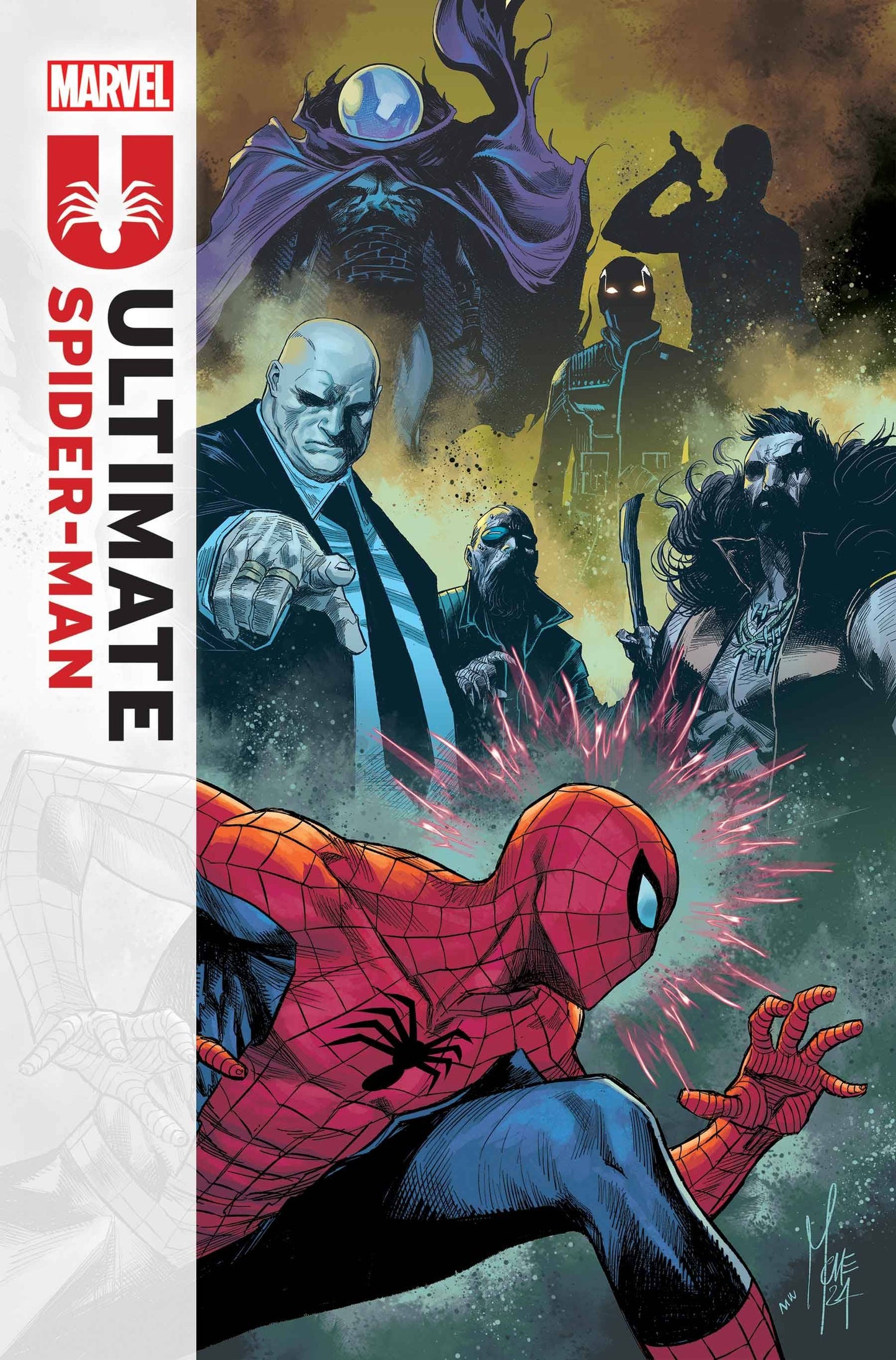 ULTIMATE SPIDER-MAN #9 THE SINISTER SIX MAKE THEIR FIRST STRIKE! But WHO are the Sinister Six? The first member throws down with Spider-Man and Green Goblin in this action-packed issue! Plus, with Tony Stark's return, Peter must also explore the limitatio